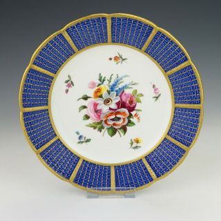 Antique Spode China - Flowers Painted Plate - Gilt & Blue Borders -