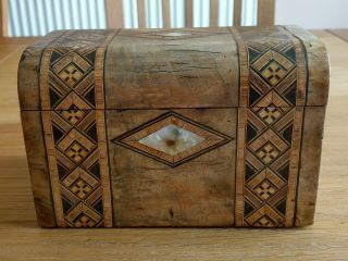 Lovely Old Antique Inlaid Tea Caddy With Marquetry And Mother Of Pearl
