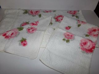 Vintage Harmony House Sears 3 Piece Towel Set Bath Hand & Wash Cloth Pink Roses