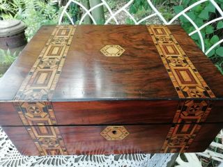 Large Antique Tunbridge Ware Wooden Box Walnut Veneer Mahogany Case Parquetry