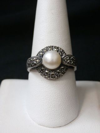 Unique Vintage Sterling Silver Artisan Cultured Pearl And Marcasite Ring 1031