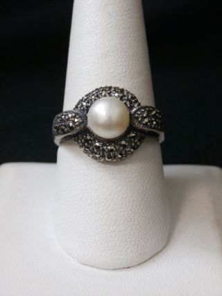 Unique Vintage Sterling Silver Artisan Cultured Pearl and Marcasite Ring 1031 2