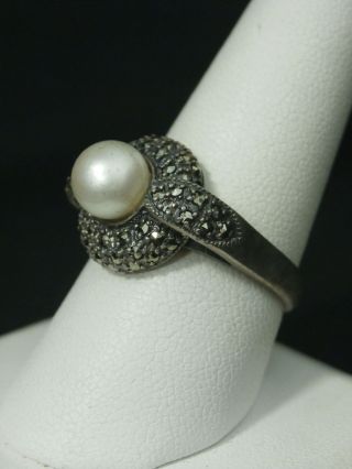 Unique Vintage Sterling Silver Artisan Cultured Pearl and Marcasite Ring 1031 3