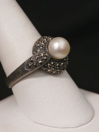 Unique Vintage Sterling Silver Artisan Cultured Pearl and Marcasite Ring 1031 4