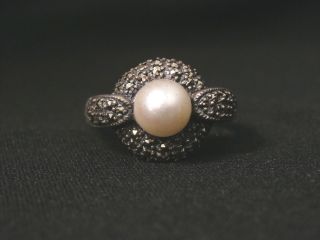 Unique Vintage Sterling Silver Artisan Cultured Pearl and Marcasite Ring 1031 5