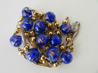 Antique Art Deco Venetian Murano Glass Aventurine Blue Beads Necklace