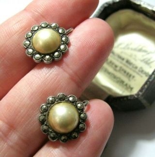 Vintage Jewellery Old Art Deco Antique Marcasite & Pearl Screw Back Earrings