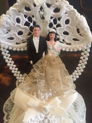 Vintage 1970s Wedding Cake Topper In Porcelain And Lace