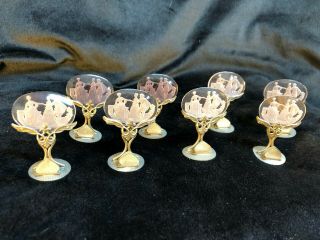 Antique - Czech Etched Pink Glass Victorian Scene Place Card Holders (set Of 8)