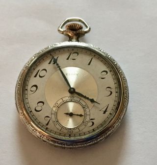 Early Art Deco Elgin 12s 15j Ornate White Gold Filled Open Face Pocket Watch