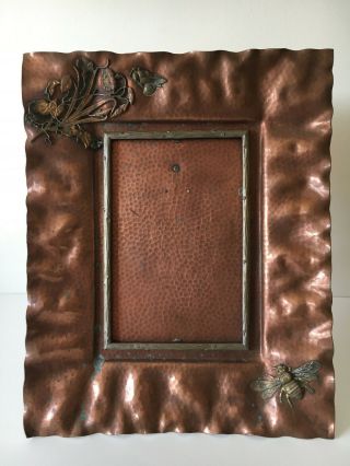 Unique Antique Hand Hammered Copper Picture Frame Arts & Crafts Honey Bee Wood