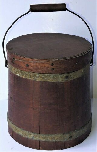 Small Antique 19thc Wooden Firkin Sugar Bucket & Lid Bail Handle Copper Tacks Nr