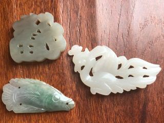 Vintage Chinese Jade Phoenix & Jadeite Fish Pendants