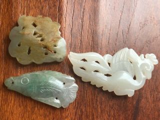 Vintage Chinese Jade Phoenix & Jadeite Fish Pendants 2