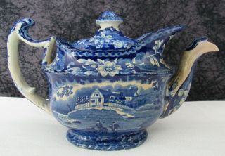 Antique Staffordshire English Country Scene Blue Transferware Pearlware Teapot