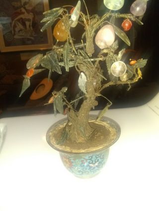 Antique Chinese Coral And Jade Tree With Cloisonne Planter