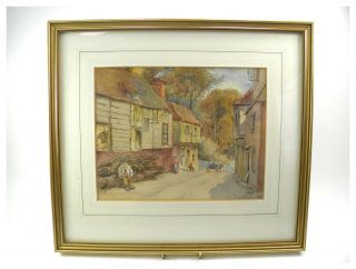 Antique 19th Century English School Watercolour Painting Street Chilham Kent