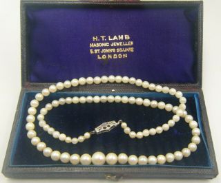 Hallmarked Cultured Pearl Necklace With 9ct White Gold Clasp.  Made By: M.  G.