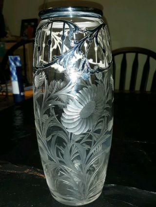 Vintage Glass Vase Etched Cut Crystal,  Silver Overlay.  Piece