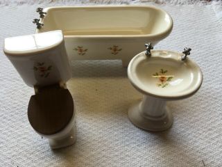 Vintage Dollhouse Flowered Porcelain Bathroom Set