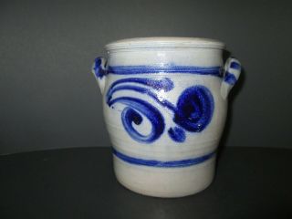 Antique Salt Glaze Stoneware Crock W/ Handles Cobalt Blue Decoration