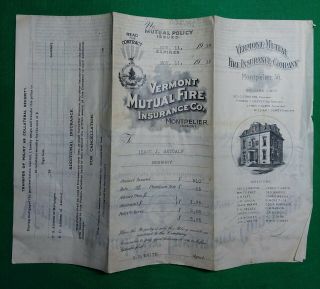 Vermont Mutual Fire Insurance Policy 554281 Issued 1914 $810