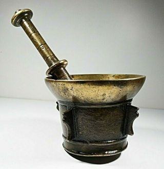 Antique 18th Century Solid Bronze Mortar And Pestle Ornate