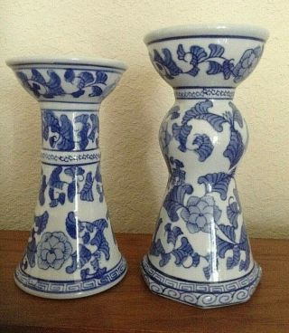 Vintage Two Chinese Blue and White Ceramic Pillar Candle Holders Floral Design 2