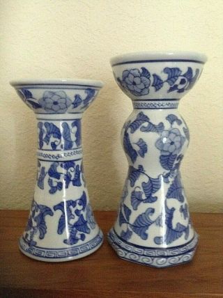 Vintage Two Chinese Blue and White Ceramic Pillar Candle Holders Floral Design 4