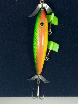 Vintage Wooden Fishing Lure 3 Hooks 2 Blade Glass Eyes Unknown Green Yellow Vgc
