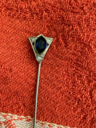 Vintage Antique Art Deco 10k White Gold Stick Hat Pin,  Sapphire,  Diamond