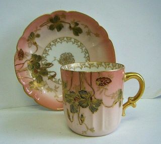 Antique Demitasse Cup & Saucer Haviland Limoges H&co Pretty Pink/gold Floral