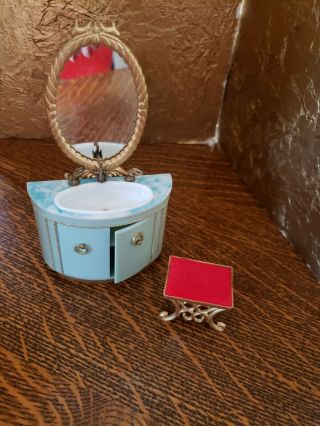 Vtg.  Dollhouse Furniture Ideal Petite Princess Patti Bathroom Sink Blue W/stool
