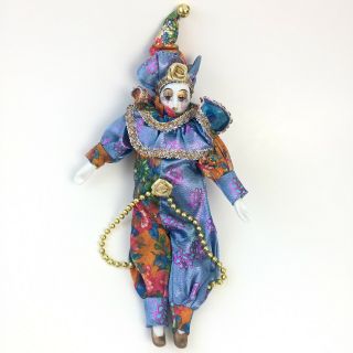 Vtg Porcelain Jester Doll Harlequin Decor Display Festive Pierrot Pia Mime Clown