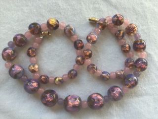 Antique Art Deco Venetian/czech Pink Lilac Opalescent Foil Glass Bead Necklace