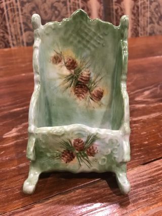 Antique Match Toothpick Holder Hand Painted Ceramic Green Pinecones 4.  75” Tall