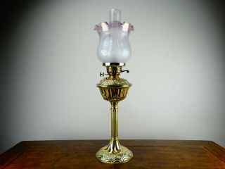 Antique Victorian Brass Oil Lamp British Made With Duplex Burner Cranberry Shade