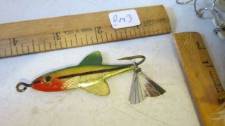 Vintage Fred Arbogast 2 Fish Lures Tin Liz w/Glass Eyes,  Gold w/Red Head 4