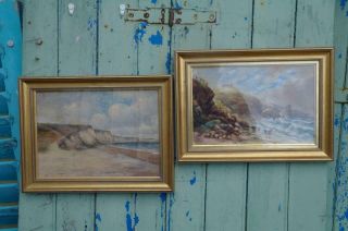 Antique Oil Paintings Coastal Scenes Framed Signed M.  Berte Date 1913 Rustic Chic