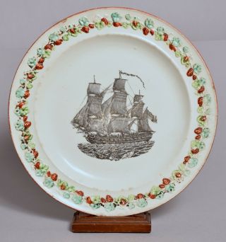 Uncommon Antique Andrew Stevenson Printed Creamware Plate British Navy Ship