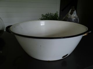 Vintage Enamelware/graniteware Old Wash Tub/bucket/gardenplanter White W/handles