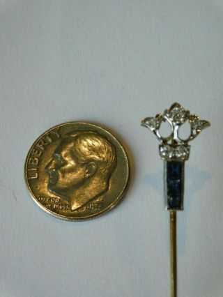 Antique Art Nouveau 14k Yellow Gold & Platinum Diamond & Syn Sapphire Stick Pin