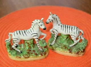 Set 2 Antique Staffordshire Zebra Figurines On Green England Gorgeous & Rare