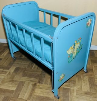 Vintage 1950’s Blue Metal " Doll - E - Crib " By Amsco With Adjustable Side Rail