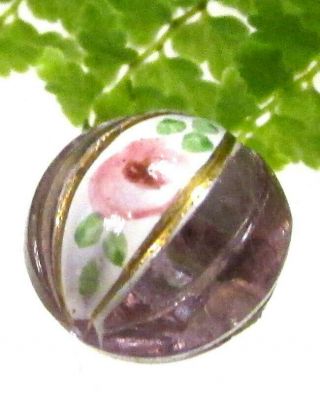 Lovely Old Diminutive Lilac Glass Button W/ Pink Painted Enamel Flower A36