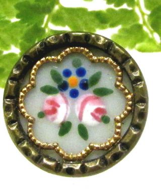 Sweet Victorian Diminutive Metal Button W/ Glass Insert Enamel Flowers A35