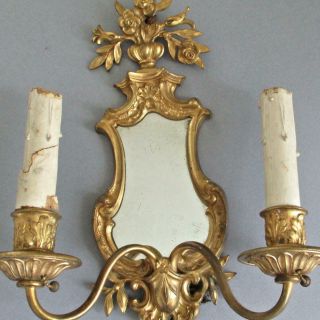 Antique 19thc French Gilt Bronze 2 - Candle Wall Sconce W Mirror Urn Of Roses