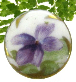 Lovely Antique Porcelain Button With Purple Viola Flower A19