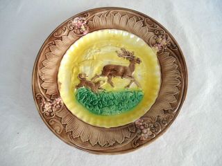 Antique Majolica Running Stag Deer & Dog 8 " Plate -