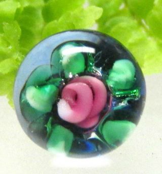 Diminutive Glass Ball Paperweight Button With Pink Rose Blue Background A105